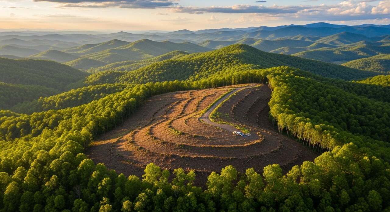 Ridgelines of the Blue Ridge foothills above Upstate South Carolina, with a cleared track cutting across the near slope