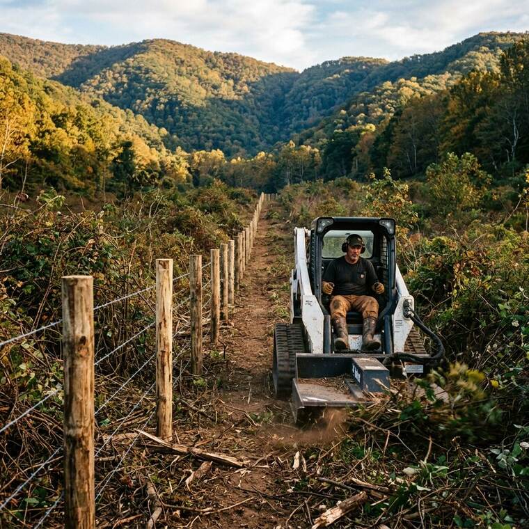 Cleared fence row running straight along a pasture boundary