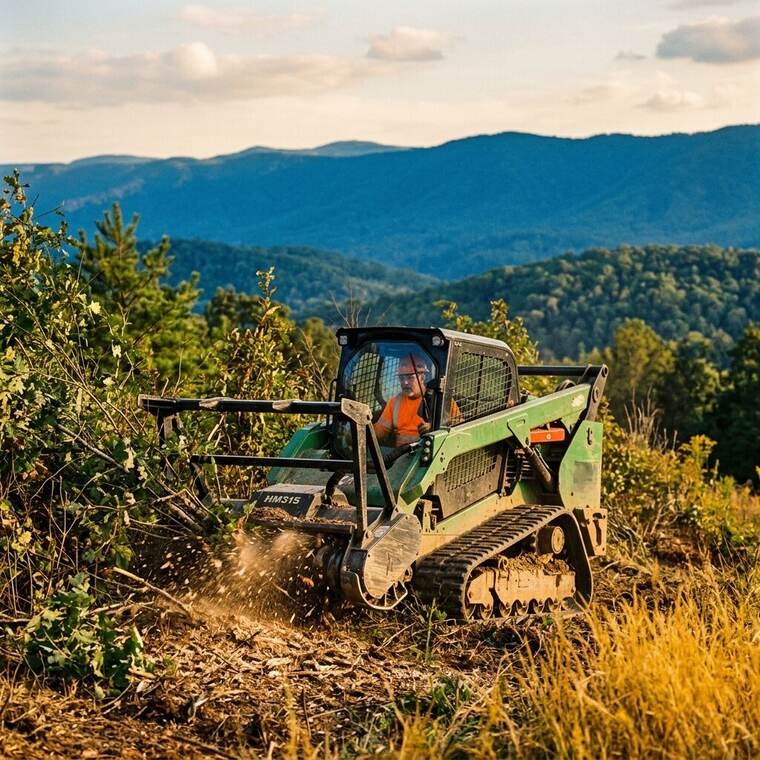 Forestry mulcher grinding brush and saplings into ground cover on an Upstate SC property