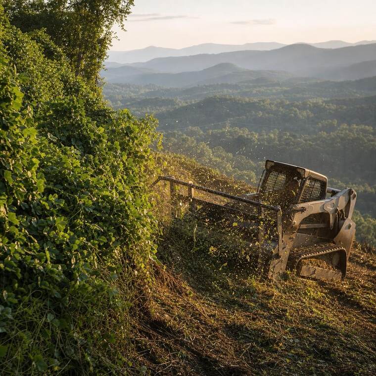 Tracked forestry mulcher cutting into a vine-covered slope