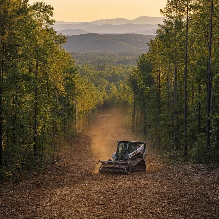Tracked forestry mulcher opening a corridor through wooded ground